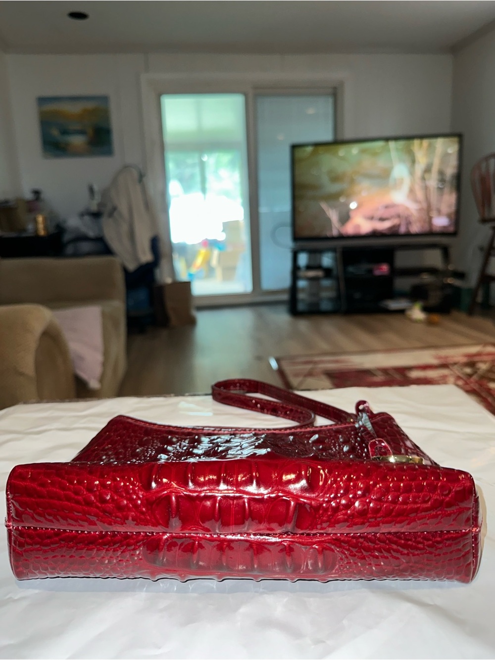 Brahmin Croc-Embossed Leather Shoulder Bag in Deep Burgundy - Picture 9 of 10
